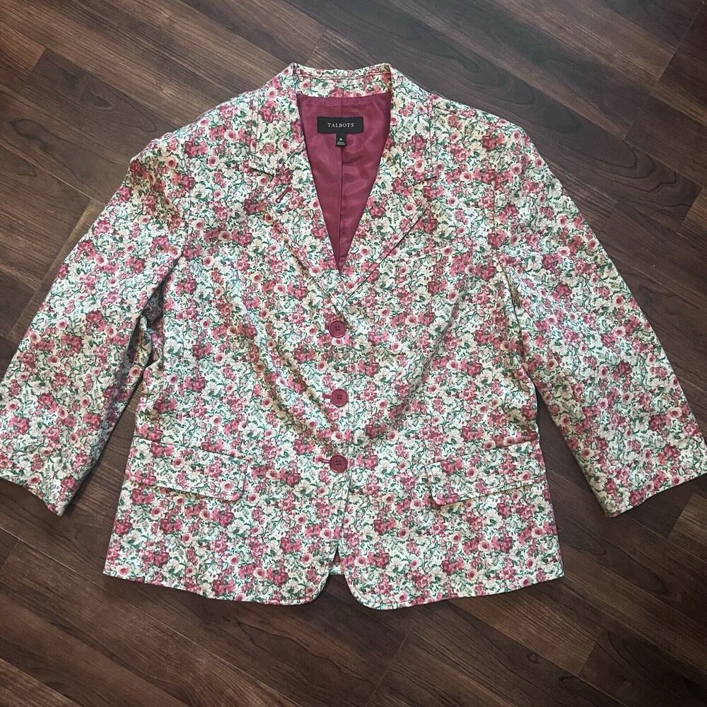 Talbots Blazer Size 16 Floral Pink 3/4 Sleeve Lined Button Front Collar
